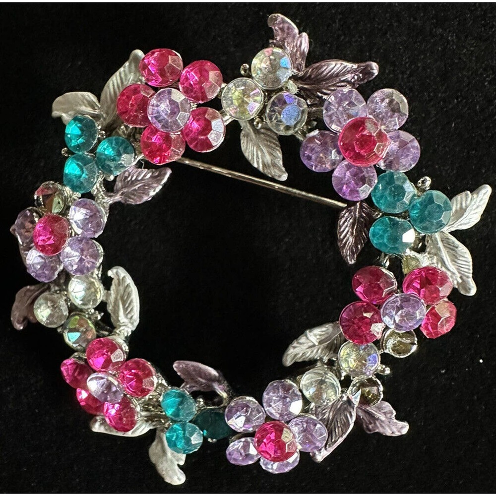 Vintage Brooch Multi-Color Rhinestones Silver Tone 1/ 2”Round Floral Vintage